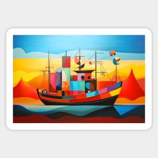 Fishing Boat Concept Abstract Colorful Scenery Painting Sticker